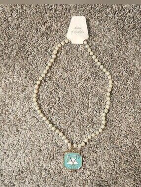 NWT KREWE Cream Pearl Necklace with Turquoise Enamel Pendant